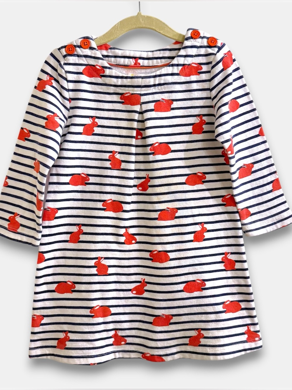 Baby Boden Girls 3-4Y Red Bunny Rabbit Striped Dress Button Shoulder
